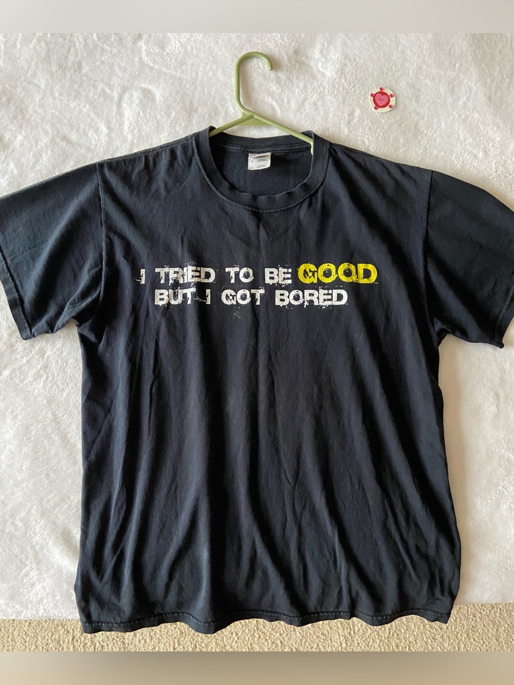 Fruit of the Loom Black T-Shirt with Yellow & White Text Graphic